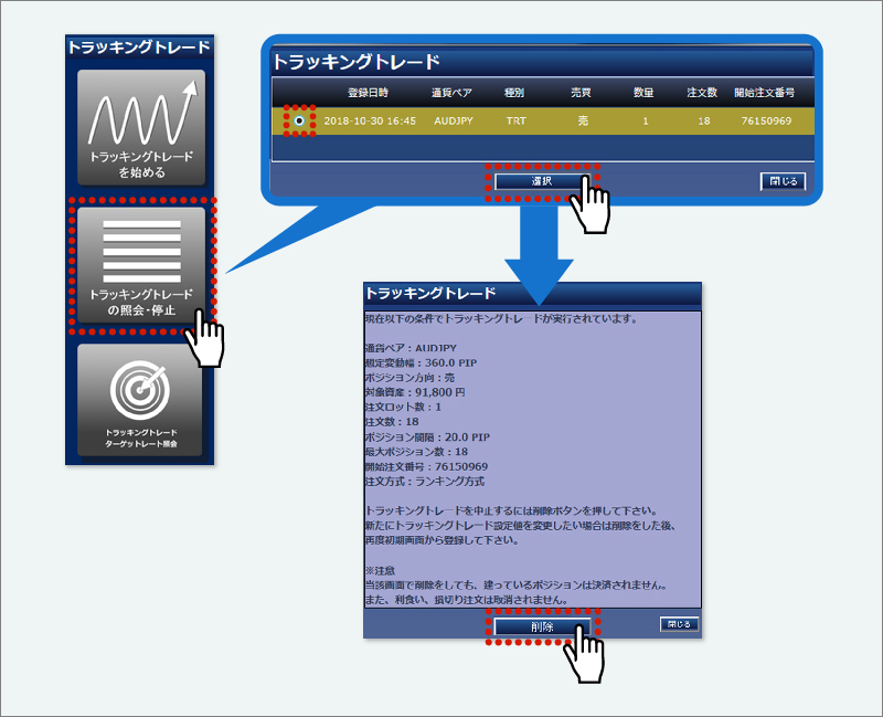 トラッキングトレードの停止方法